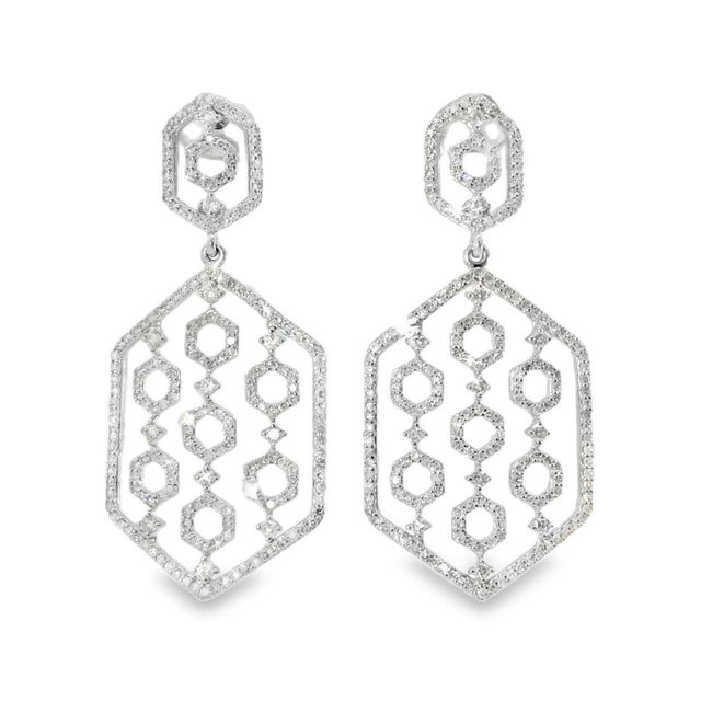 14K White Gold Diamond Designer Drop Earrings. This elegant pair features numerous brilliant round diamonds totaling 2...