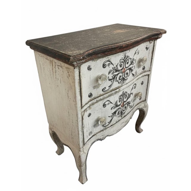 Vintage French Provincial Style Distressed Hand-Painted Two-Drawer Bombe Commode For Sale - Image 4 of 7