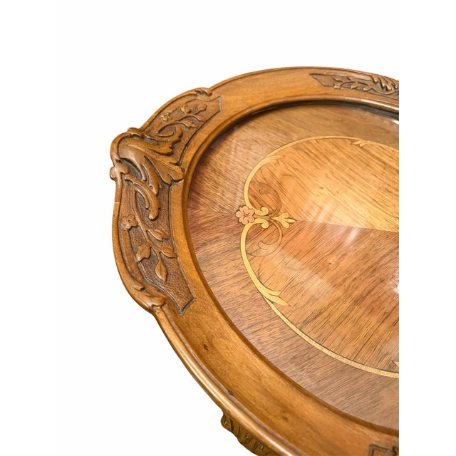 French Vintage Louis XV Revival Style Walnut Quatrefoil Coffee Table With Floral Marquetry & Removable Glass Top For Sale - Image 3 of 9
