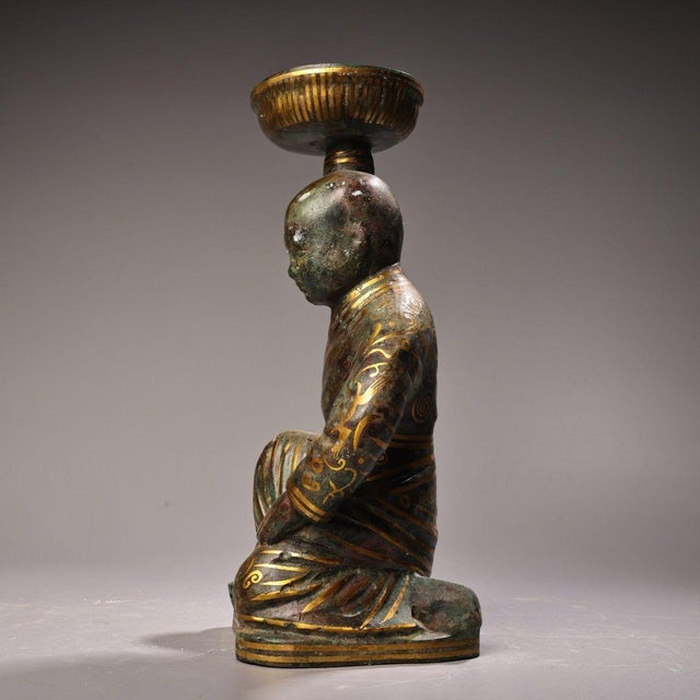 Vintage Bronze Oil Lamp With Gold Inlay - Kneeling Boy Figure For Sale In Los Angeles - Image 6 of 10