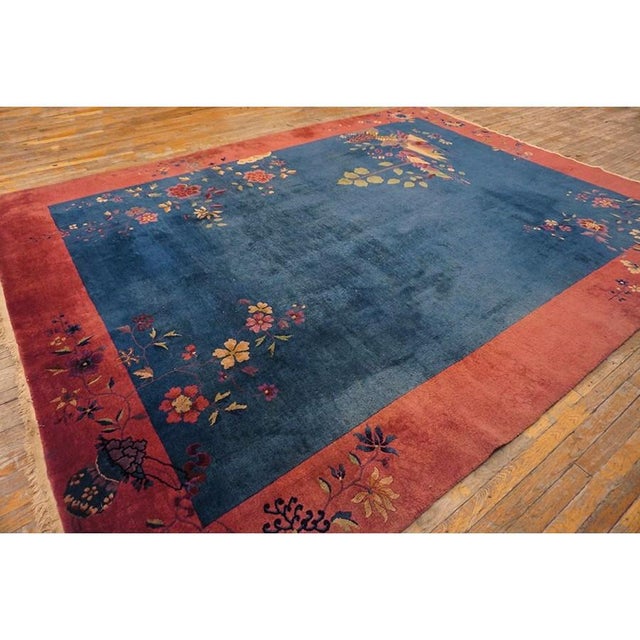 Blue Open Field Antique 1920s Walter Nichols Wool Chinese Art Deco Carpet Rug For Sale - Image 4 of 10