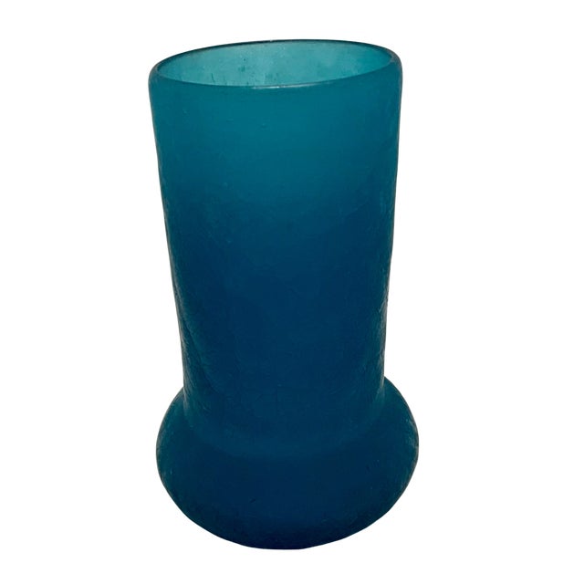 Mid-Century Modern Vintage Turquoise Crackle Glass Vase For Sale - Image 3 of 10