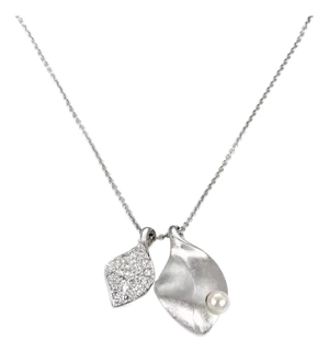 Mikimoto Diamond Akoya Pearl 18k White Gold Double Leaf Pendant Necklace