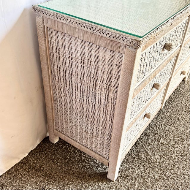 1980s Boho Chic White Washed Wicker Glass Top Dresser For Sale In Miami - Image 6 of 10