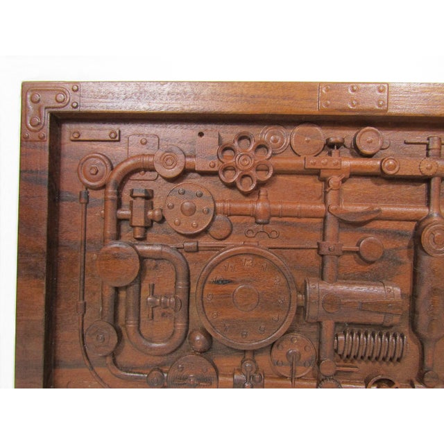 Steampunk Industrial Pipes & Gears Carved Wood Relief Wall Panel 20"x12" For Sale - Image 4 of 10