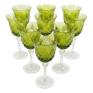 Vintage Czech Olive Green Cut Crystal Glasses, 1960s, Set of 8 For Sale