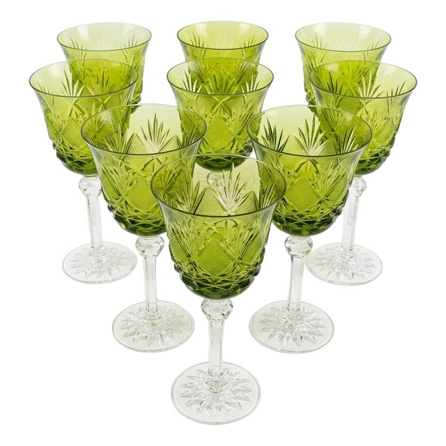 Vintage Czech Olive Green Cut Crystal Glasses, 1960s, Set of 8 For Sale