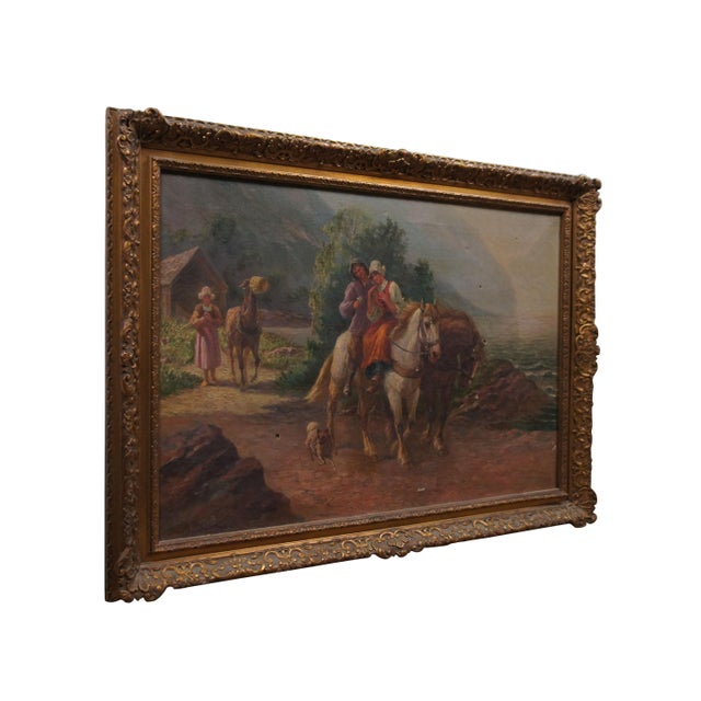 Antique Olaf Petersen Norwegian landscape oil painting on canvas depicting several figures wearing Dutch / Danish style...