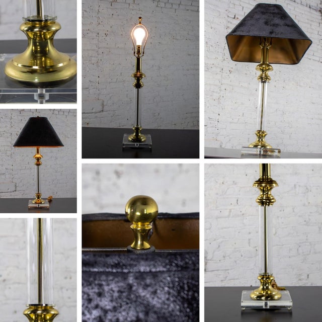 Late 20th Century Neoclassic Revival Lucite and Brass Candlestick Table Lamp For Sale - Image 15 of 18