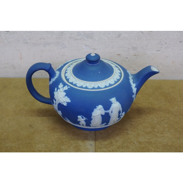 Vintage Wedgwood Blue Jasperware Candlesticks Creamer Sugar Teapot Bowl Compote - Set of 6 For Sale - Image 9 of 16