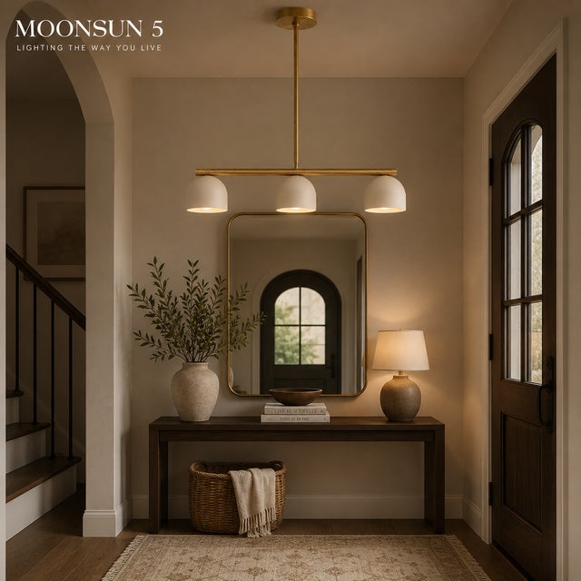 Off-white Modern Linear Chandelier 3 Light, Matte Off White Dome Pendant Light Brass Dining Room Fixture, Kitchen Island Lighting, Minimalist Light For Sale - Image 8 of 16
