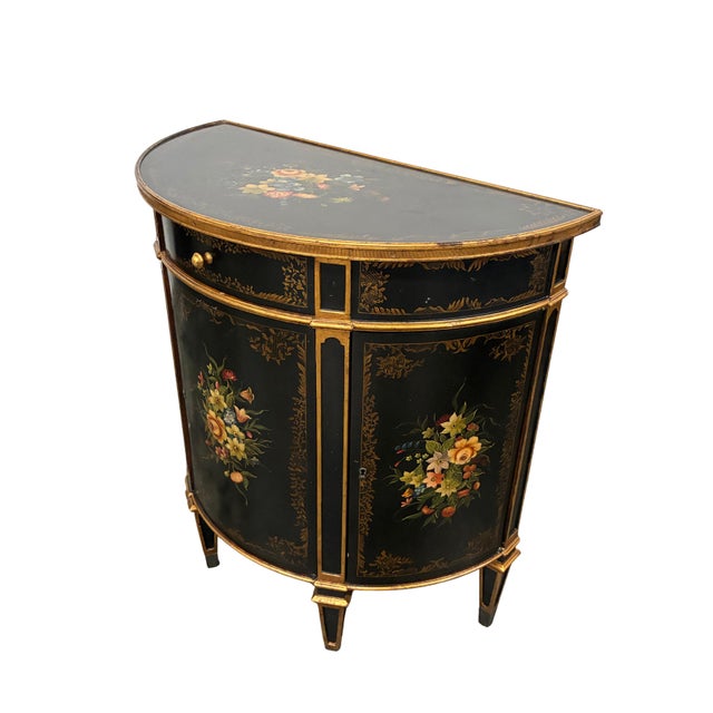 French Late 20th Century Theodore Alexander Louis XVI Style Hand-Painted Black & Gilt Demilune Cabinet For Sale - Image 3 of 12
