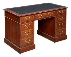 English Pedestal Desk of Mahogany With Embossed Leather Top