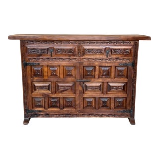 19th Spanish Baroque Carved Walnut Tuscan Two Drawer Credenza or Buffet For Sale