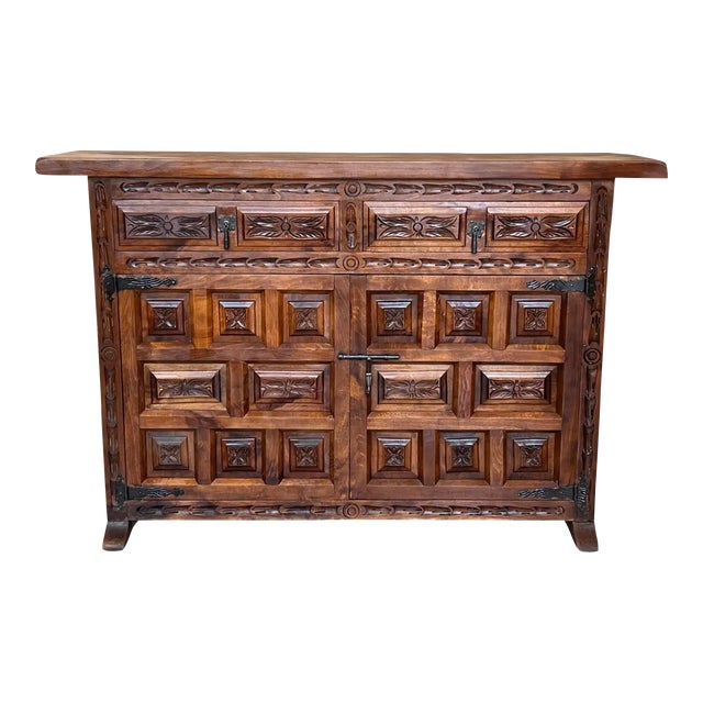 19th Spanish Baroque Carved Walnut Tuscan Two Drawer Credenza or Buffet For Sale