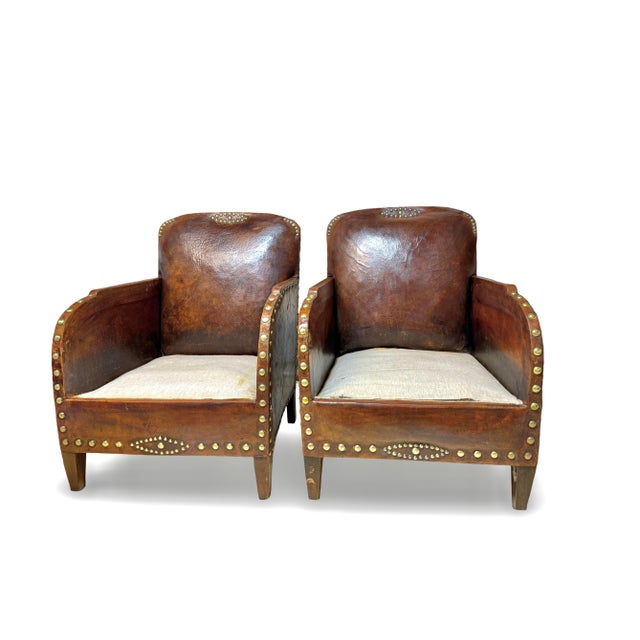 Brown French Art Deco Leather Studded Club Chairs. 1930's France For Sale - Image 8 of 12