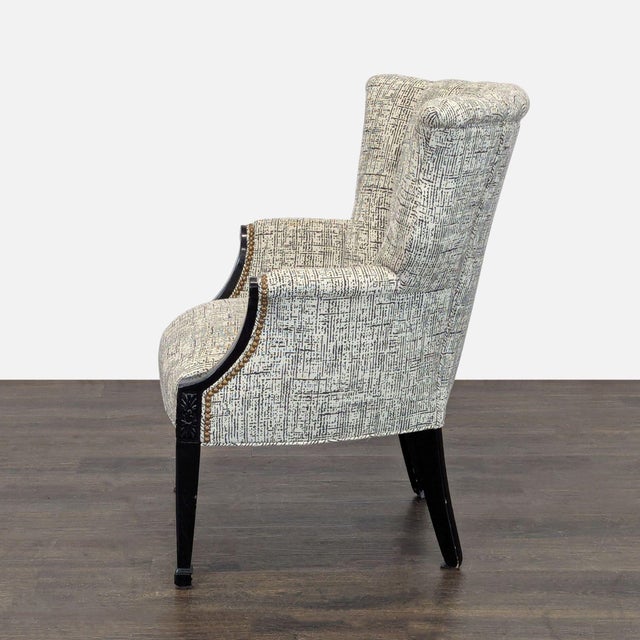 Traditional Classic Upholstered Wingback Lounge Chair With Carved Wood Arms and Legs For Sale - Image 3 of 6