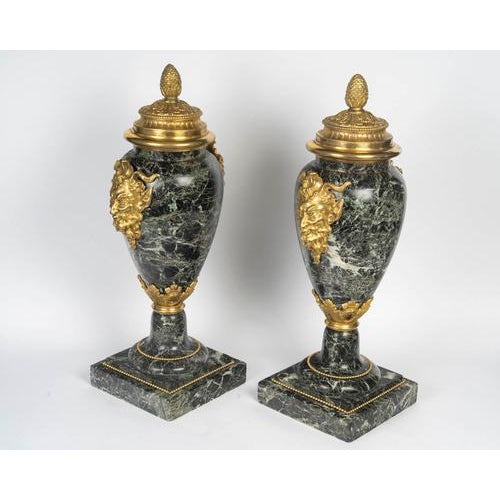 Sea Green Marble and Gilded Bronze Cassolettes, Set of 2 For Sale - Image 4 of 11