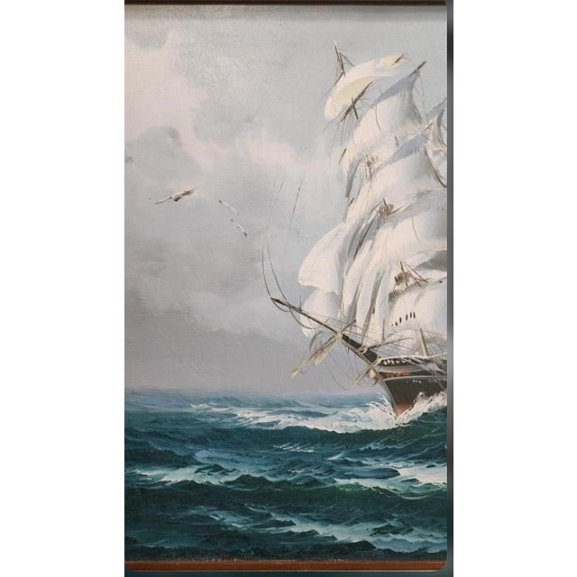 1970’s Large Signed and Framed Tall Ship Painting, Oil on Canvas, 42” X 30” For Sale - Image 9 of 10