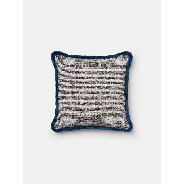 Square Bouclé Cushion with Blue Fringe by Villa Como For Sale - Image 4 of 4