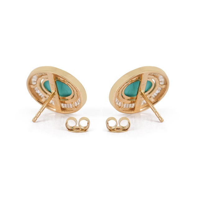 Vintage-Style 2.42ct Turquoise Cabochon Diamond Stud Earrings in 14k Yellow Gold- A Pair For Sale - Image 9 of 15
