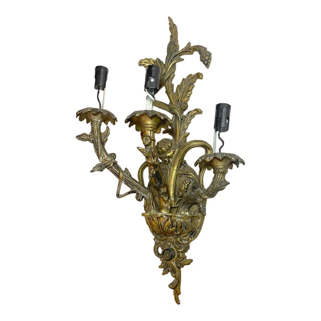 Antique Ornate Spanish Style 3 Arm Gilded Bronze Brass Wall Sconce Fixture Light For Sale