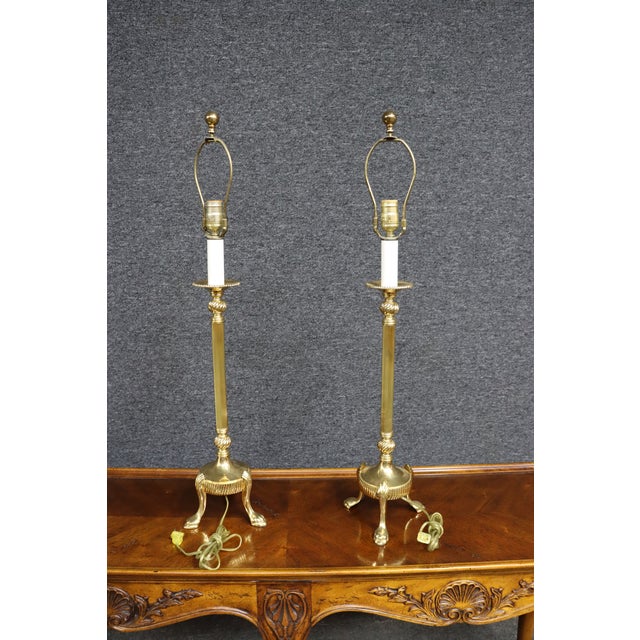 Pair of Solid Brass Trifoot Table Lamps For Sale - Image 10 of 11