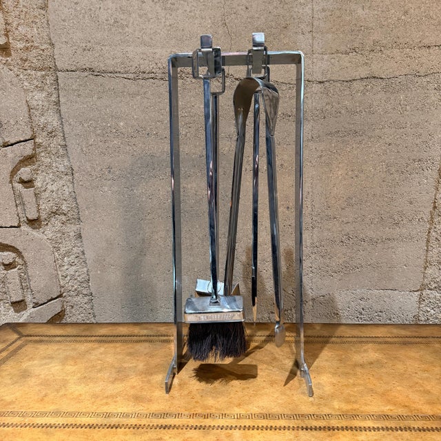 Metal 1950s French Fire Tool Chrome Fireplace Set Style Pierre Guariche For Sale - Image 7 of 12