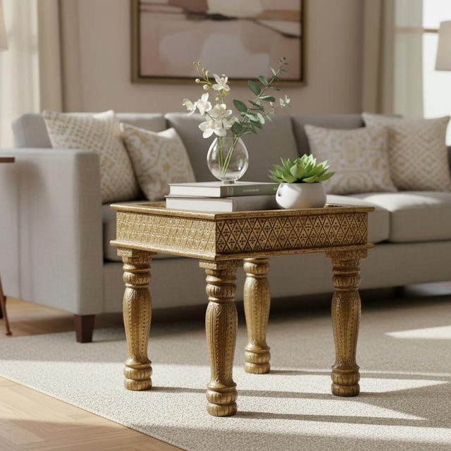 Dimensions: 17"W X 17"D X 17"H This Vintage Brass Foil Cladded Solid Wood 17" Square End Table is a distinctive and ornate...