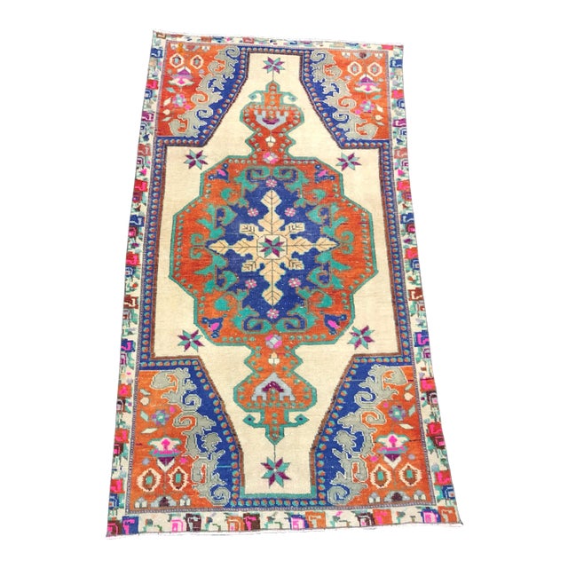 Vintage Multicolor Turkish Floral Design Handmade Wool Area Rug For Sale