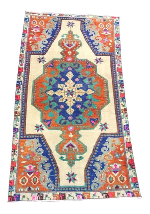 Vintage Multicolor Turkish Floral Design Handmade Wool Area Rug