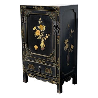 Vintage Chinese Asian Black Lacquer Chinoiserie Cabinet Storage Side Table #2of2 For Sale
