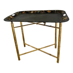 Mid 20th Century Vintage Black Lacquer Tray Table on Brass Stand