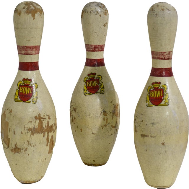 Vintage Red Crown Brunswick Bowling Pins - 3 Pieces For Sale - Image 11 of 11