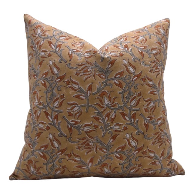 Fabdivine Floral Block Print Pillow Cover 16x16 Inch Duck Canvas-Kamal Dutta For Sale