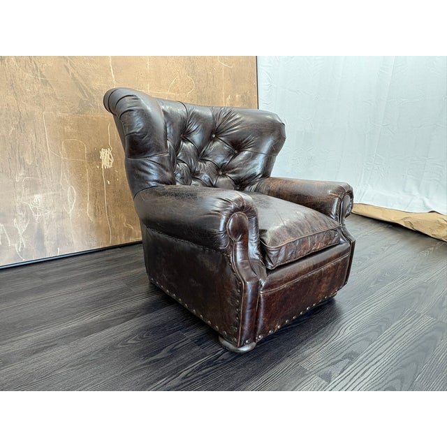 Rh Churchill Leather Chair With Nailheads Vintage Ebony Leather | Down-Feather Fill | Classic Depth For Sale - Image 14 of 18