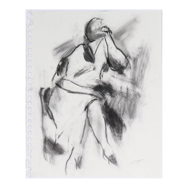 Expressive Seated Figure 20th Century Charcoal For Sale