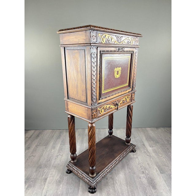 19th Century Neo-Renaissance Carved and Polychrome Wooden Secretary Desk For Sale - Image 6 of 13