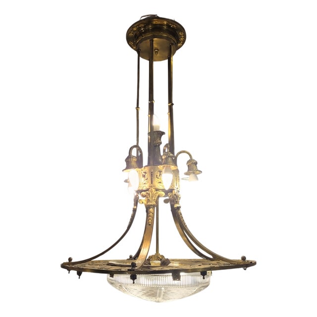 Art Nouveau Ceiling Lamp in Gilt Bronze and Frosted Crystal, France, 1930s For Sale