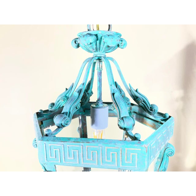 Vintage Neoclassical Verdigris Lantern – Greek Key Detail – Restored & Rewired For Sale - Image 13 of 15