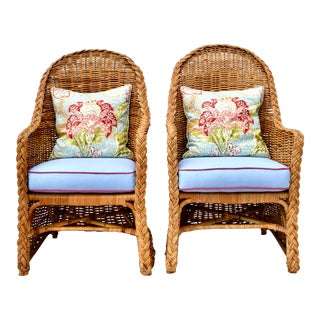 Michael Taylor Wicker Rattan Arm Chairs, Pair For Sale