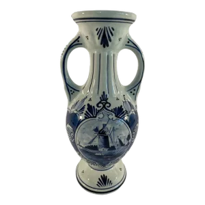 Mid 20th Century Vintage Blue and White Delft Vase With Handles