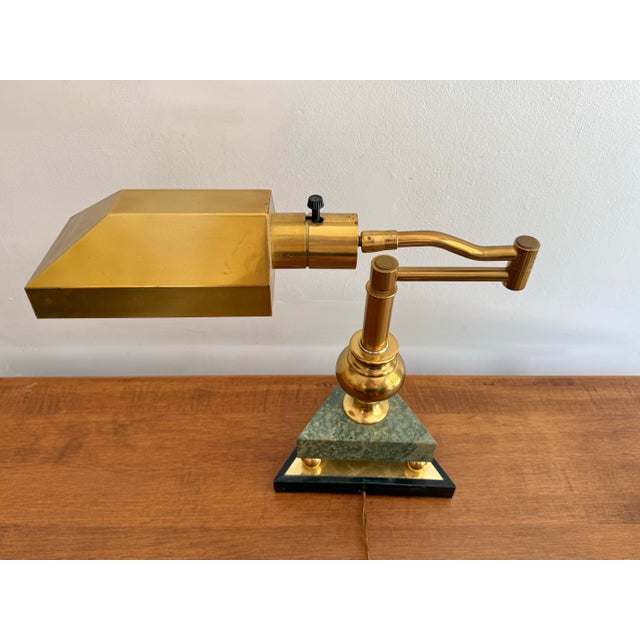 Brass 1980s Art Deco Revival Marble and Brass Bankers Lamp For Sale - Image 8 of 11