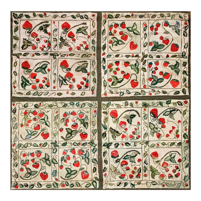 1920s Ivory Floral Folk Art Antique American Hooked Rug 6'3" X 6'4" Handknotted Wool Carpet For Sale