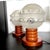 Pair of Portuguese vintage table lamps, made of solid wood, and topped with hand-blown frosted and clear glass lampshades....