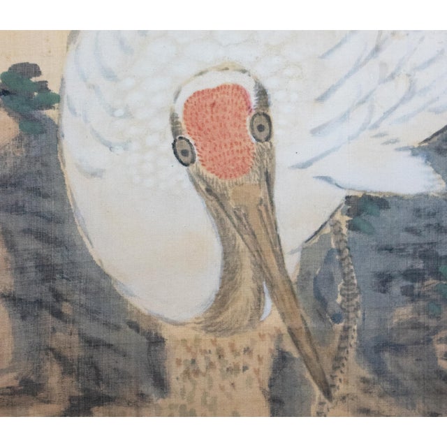 Meiji Era "Cranes and the Sun", Japanese Silk Scroll Painting For Sale - Image 12 of 18