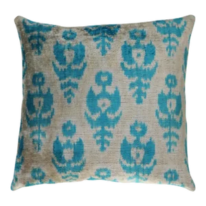Contemporary Blue & Ivory Handmade Silk Throw Pillow With Down Insert