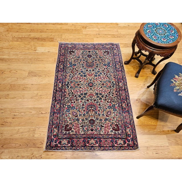 Vintage Persian Kerman Lavar Area Rug, Handwoven Floral Pattern, Ivory & Blue, 3’ X 5’ For Sale - Image 12 of 12
