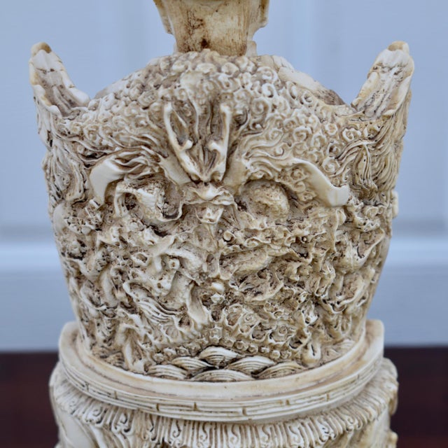Vintage Emperor Resin Statue Chinese Faux Ivory Carved Figurine Dragon Throne For Sale - Image 11 of 15