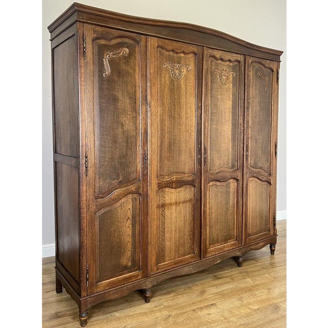 Vintage French Louis XVI Style Carved Oak 4-Door Wardrobe For Sale - Image 3 of 18